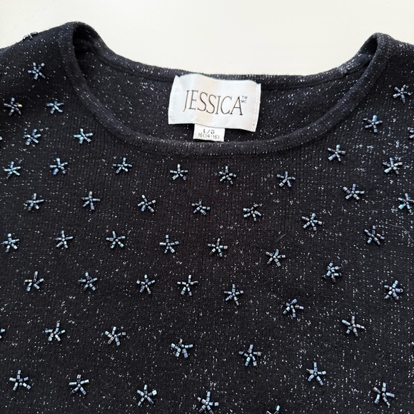 JESSICA Black Shimmer Knit Tank Top Flower Star Beaded Sleeveless Embroidered - Picture 5 of 5